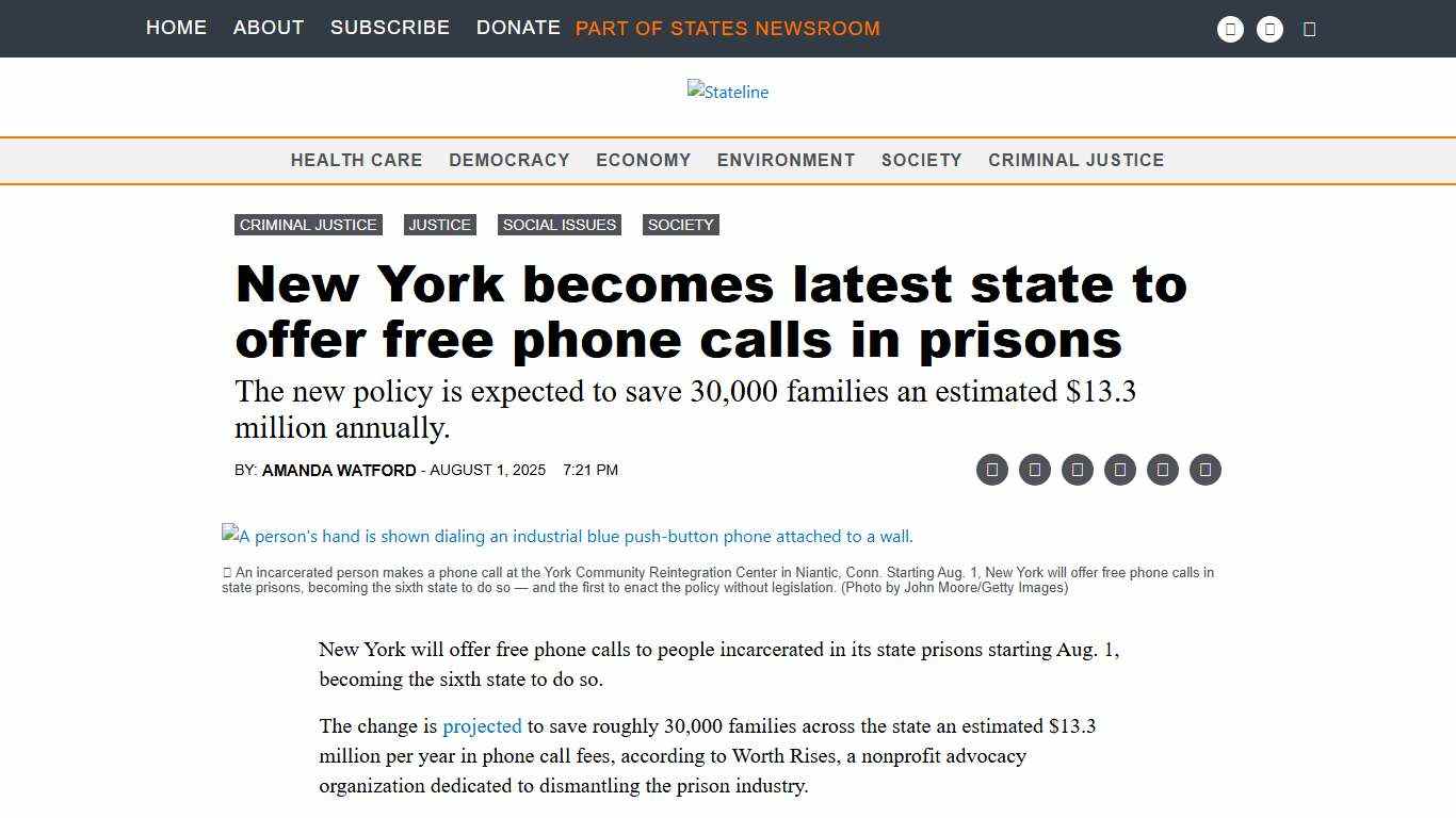 New York becomes latest state to offer free phone calls in prisons • Stateline